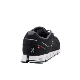 On Running Cloud Trainers in black, rear three-quarter view, mesh upper with white CloudTec sole and red logo detail