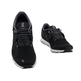 On Running Cloud Trainers in black mesh with elasticated lacing and white cloud sole unit, shown from front and angled view
