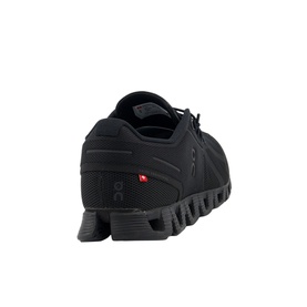 On Running Cloud Trainers in all-black with cushioned sole and red logo tab, rear three-quarter view