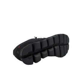 On Running Cloud Trainers in black, sole view showing cushioned pod outsole and red On Running logo detail