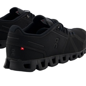 On Running Cloud Trainers in all-black with cushioned pod sole, mesh upper and lace-up fastening, rear three-quarter view