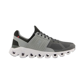 On Running Cloudswift Trainers in black, grey mesh upper, white cushioned CloudTec sole, red logo detail at heel
