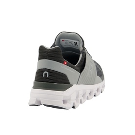 On Running Cloudswift Trainers in black and grey mesh, rear three-quarter view, white CloudTec sole and red heel accent visible