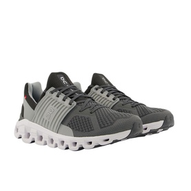 On Running Cloudswift Trainers in black and grey with white cloud sole unit, mesh upper and red heel detail, angled pair view