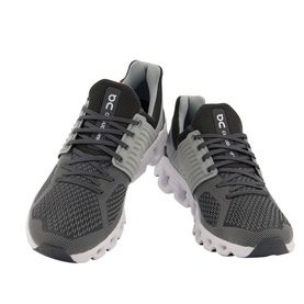 On Running Cloudswift Trainers in black, mesh upper, grey CloudTec sole pods, white lace detailing, angled pair view