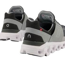 On Running Cloudswift Trainers in black and grey mesh, rear view showing CloudTec white sole cushioning pods and logo detail