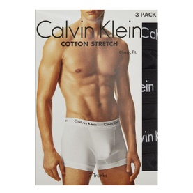CK Bodywear Three-Pack CK Boxers in black, Cotton Stretch classic fit trunks shown in packaging