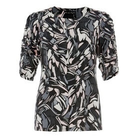 Phase Eight Bryony Print Top in multi abstract print with ruched short sleeves and round neck, no model
