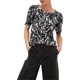 Model wearing Phase Eight Bryony Print Top in multi abstract print with ruched short sleeves and round neck, styled with black wide-leg trousers
