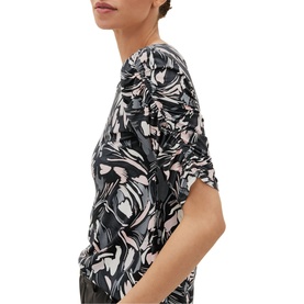 Model wearing Phase Eight Bryony Print Top in multi abstract black, white and pink print with ruched short sleeves, side view