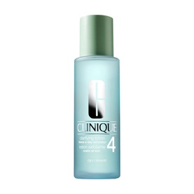 Clinique Clarifying Lotion 200ml exfoliating toner for oily skin in clear blue bottle with green cap, labelled Formula 4