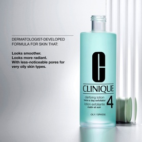Clinique Clarifying Lotion 200ml exfoliator for oily skin in teal bottle, shown alongside product benefits text
