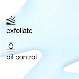 Clinique Clarifying Lotion icons highlighting exfoliate and oil control benefits, shown against light blue toner texture background
