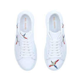 Axel Arigato Clean 90 Bird Trainers in white leather with colourful bird embroidery, white laces and white sole, top-down view