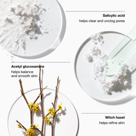 Clinique Clarifying Lotion key ingredients: acetyl glucosamine, salicylic acid and witch hazel shown as powders in glass dishes with botanicals