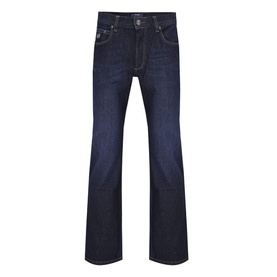 Bugatti Straight Leg Jeans in dark wash denim, five-pocket styling with contrast stitching, flat lay view