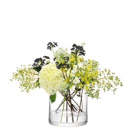 LSA Glassware Column Vase H17cm in clear glass, styled with white hydrangea and green floral arrangement