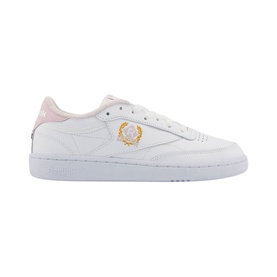 Reebok Club C 85 Trainers in white leather with pink heel tab, gold laurel wreath emblem, and white sole