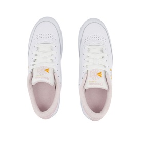 Reebok Club C 85 Trainers in white leather with lace-up front, pale pink insole, and gold logo detail, overhead view