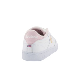 Reebok Club C 85 Trainers in white leather with pink heel tab, gold logo detail, and white sole, rear angle view