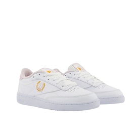 Reebok Club C 85 Trainers in white leather with gold laurel wreath logo, white sole, and pale pink heel tab