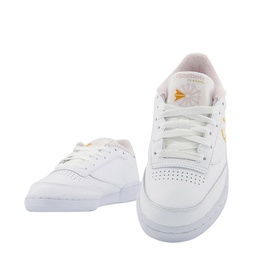 Reebok Club C 85 Trainers in white leather with yellow logo detail, white laces and white sole, shown as a pair