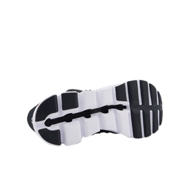 On Running Cloudswift Performance Trainers in black, sole view showing white chunky midsole with black rubber outsole tread pattern