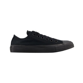 Converse All Star Low Tops in all-black canvas with black rubber toe cap, sole, and laces