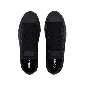 Converse All Star Low Tops in all-black canvas with black laces, black eyelets, and black rubber sole, top-down view