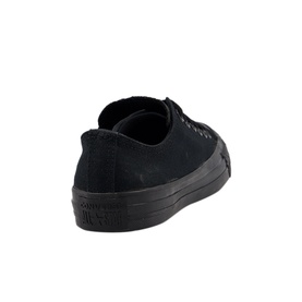 Converse All Star Low Tops in black, canvas upper, lace-up, black rubber sole, rear three-quarter view