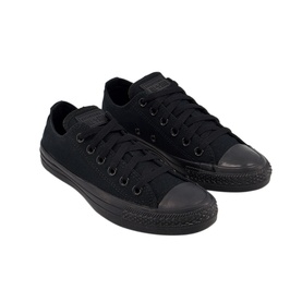 Converse All Star Low Tops in black monochrome canvas with black rubber toe cap and sole, flat lace-up style