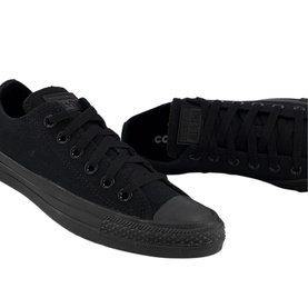 Converse All Star Low Tops in black monochrome canvas with black rubber sole and black laces, pair shown from above and side angle