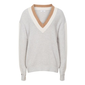 Reiss Cora Colour Block Cricket Sweater in grey with contrast camel and white V-neckline, ribbed knit texture