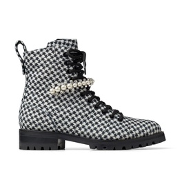 Jimmy Choo Cruz Houndstooth Pearl & Crystal Embellished Boots in white/black wool, pearl-embellished lace-up ankle boot, black rubber sole