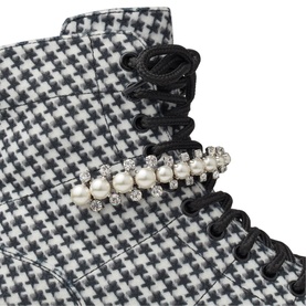 Jimmy Choo Cruz Houndstooth Pearl & Crystal Embellished Boots in white, showing pearl and crystal bar embellishment detail on lace-up front