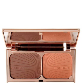 Charlotte Tilbury Filmstar Bronze & Glow bronzer in Medium Dark, open compact showing sculpt and highlight duo with gold mirrored lid