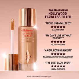Charlotte Tilbury Hollywood Flawless Filter highlighter with customer review quotes on a warm pink background