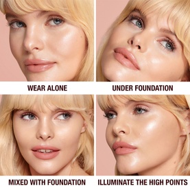 Charlotte Tilbury Hollywood Flawless Filter four-way usage guide showing wear alone, under foundation, mixed with foundation