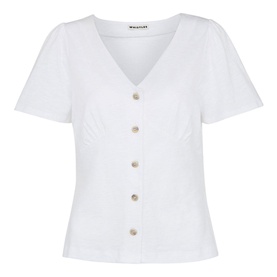 Whistles Button Front Frill Top in white, V-neck with short puff sleeves and gold-tone buttons