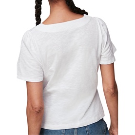 Model wearing Whistles Button Front Frill Top in white, rear view, styled with blue denim jeans