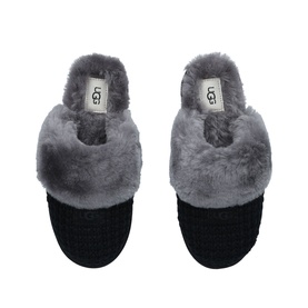UGG Australia Cozy Slipper in black, overhead view, featuring grey fluffy shearling trim and textured knit base