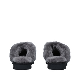 UGG Australia Cozy Slipper in black, rear view, with plush grey shearling lining and black rubber sole