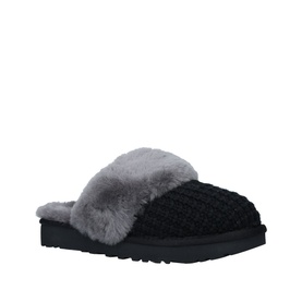 UGG Australia Cozy Slipper in black knit with grey shearling trim, black rubber sole, mule silhouette