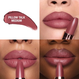 Charlotte Tilbury Matte Revolution Lipstick in Pillow Talk Medium, a muted rose-pink shade, shown on three models with varying skin tones.