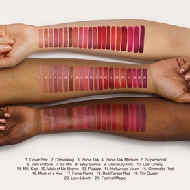 Charlotte Tilbury Matte Revolution Lipstick shade range swatched across three arms showing 21 shades from nude to deep berry and red tones.