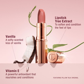 Charlotte Tilbury Matte Revolution Lipstick in Pillow Talk Original, shown with key ingredients: Vanilla, Vitamin E, and Lipstick Tree Extract.