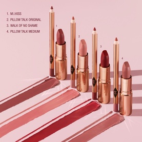 Charlotte Tilbury Matte Revolution Lipstick in four shades: M.I.Kiss, Pillow Talk Original, Walk of No Shame, and Pillow Talk Medium, with swatches