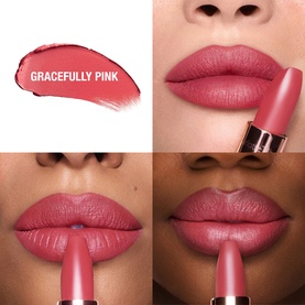 Charlotte Tilbury Matte Revolution Lipstick in Gracefully Pink, a warm rosy-pink shade, shown in swatch and close-up lip shots on two models