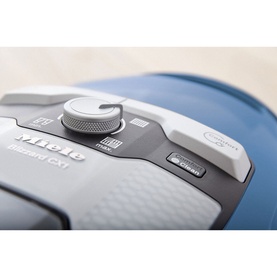Miele CX1 Blizzard 800W Vacuum Cleaner in blue, close-up of suction power dial and control panel detail