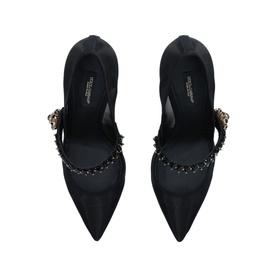 Dolce & Gabbana Crystal MJ 90 Courts in black satin with jewelled chain strap and embellished buckle detail, pointed toe